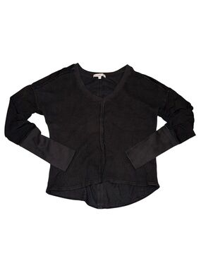 Red Haute Black Mixed Media Waffle Knit V Neck Long Sleeve Top Size XS